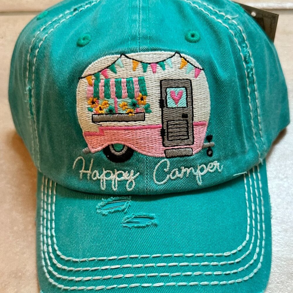 Kbethos Womens Distressed Turquoise Happy Camper Baseball Cap